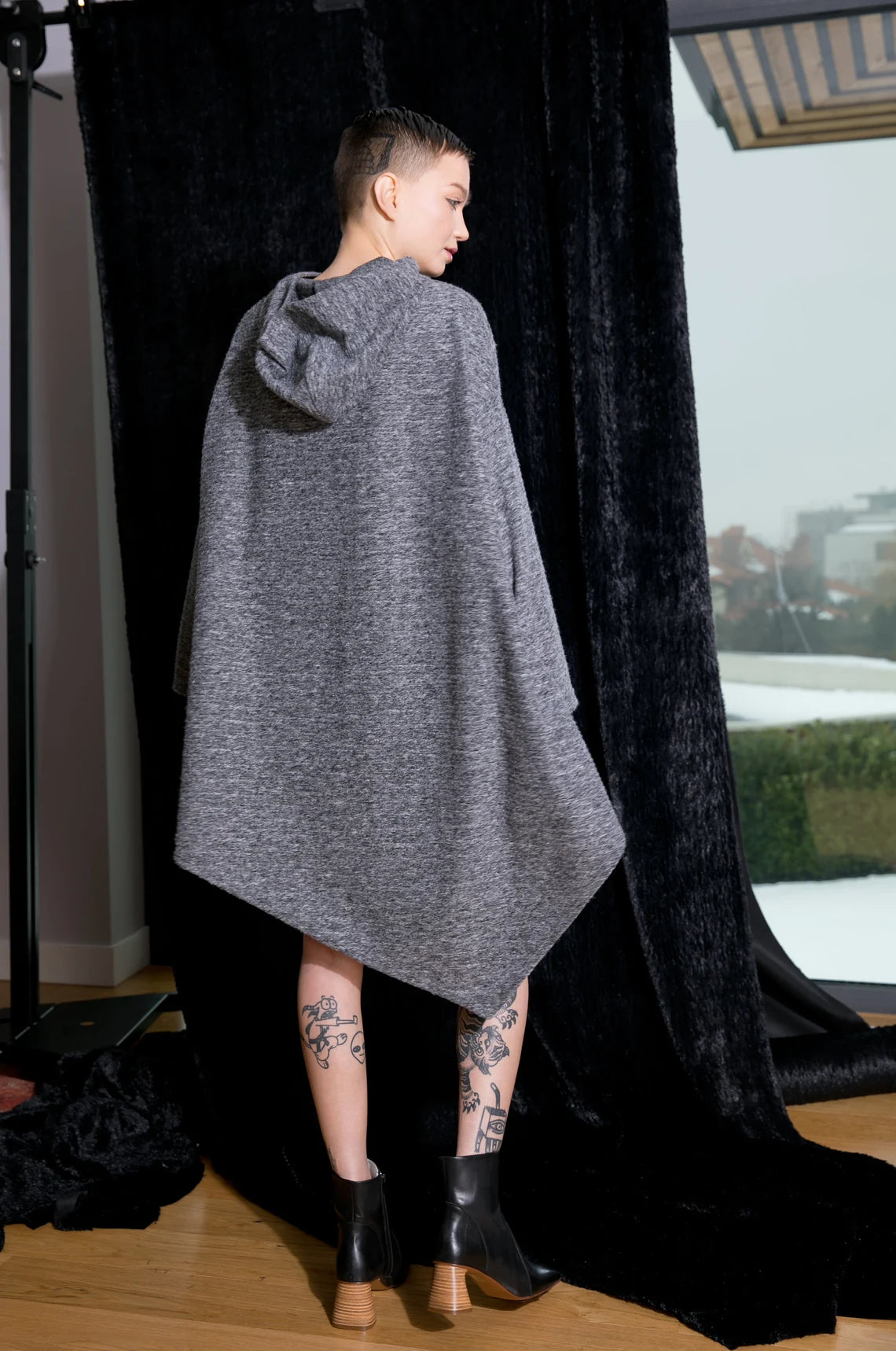Grey Fluffy Hooded Poncho