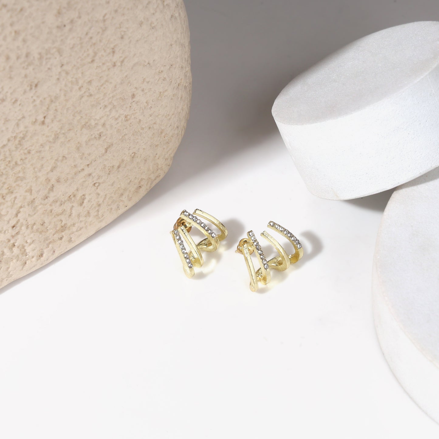 Gold Triple Band Crystal Hoop Earrings