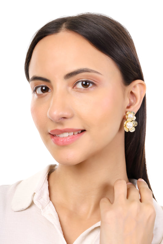 Golden Bloom Pearl Stud Earrings