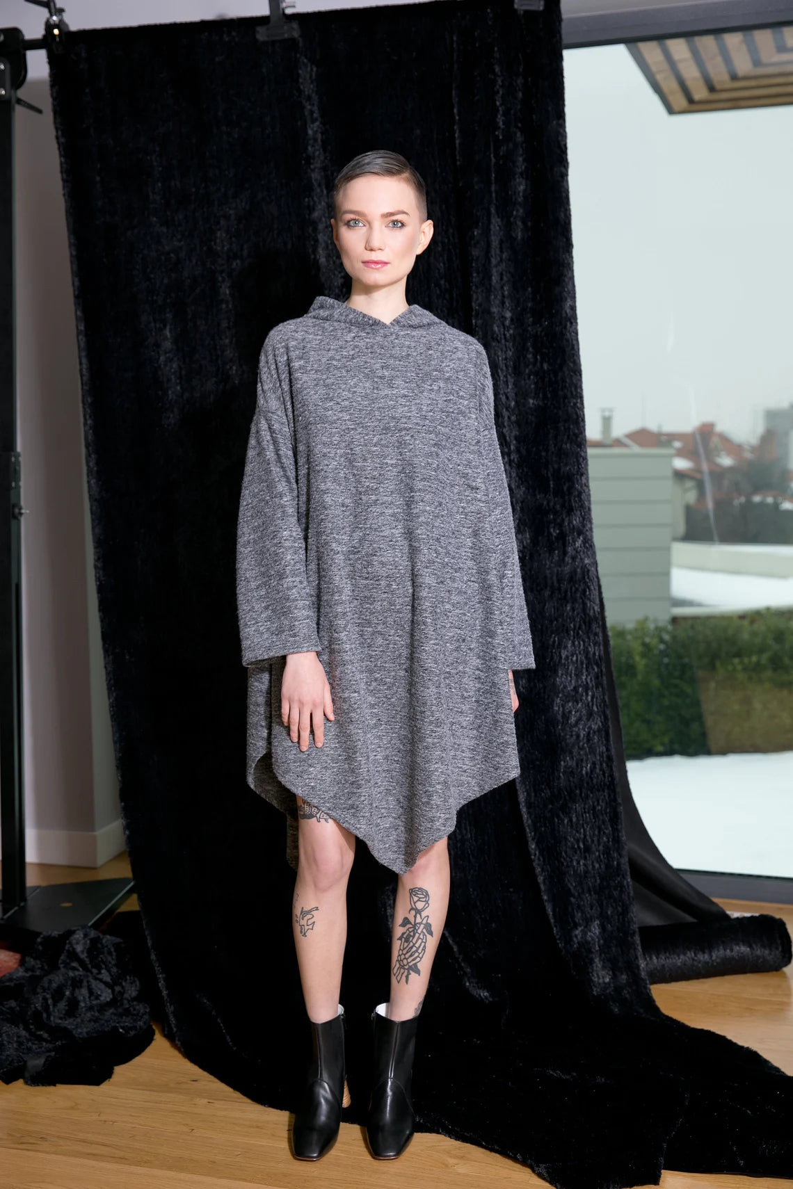 Grey Fluffy Hooded Poncho