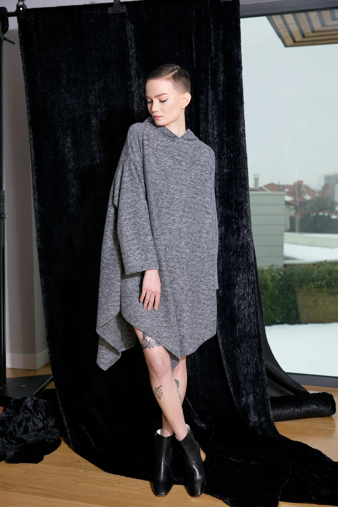 Grey Fluffy Hooded Poncho