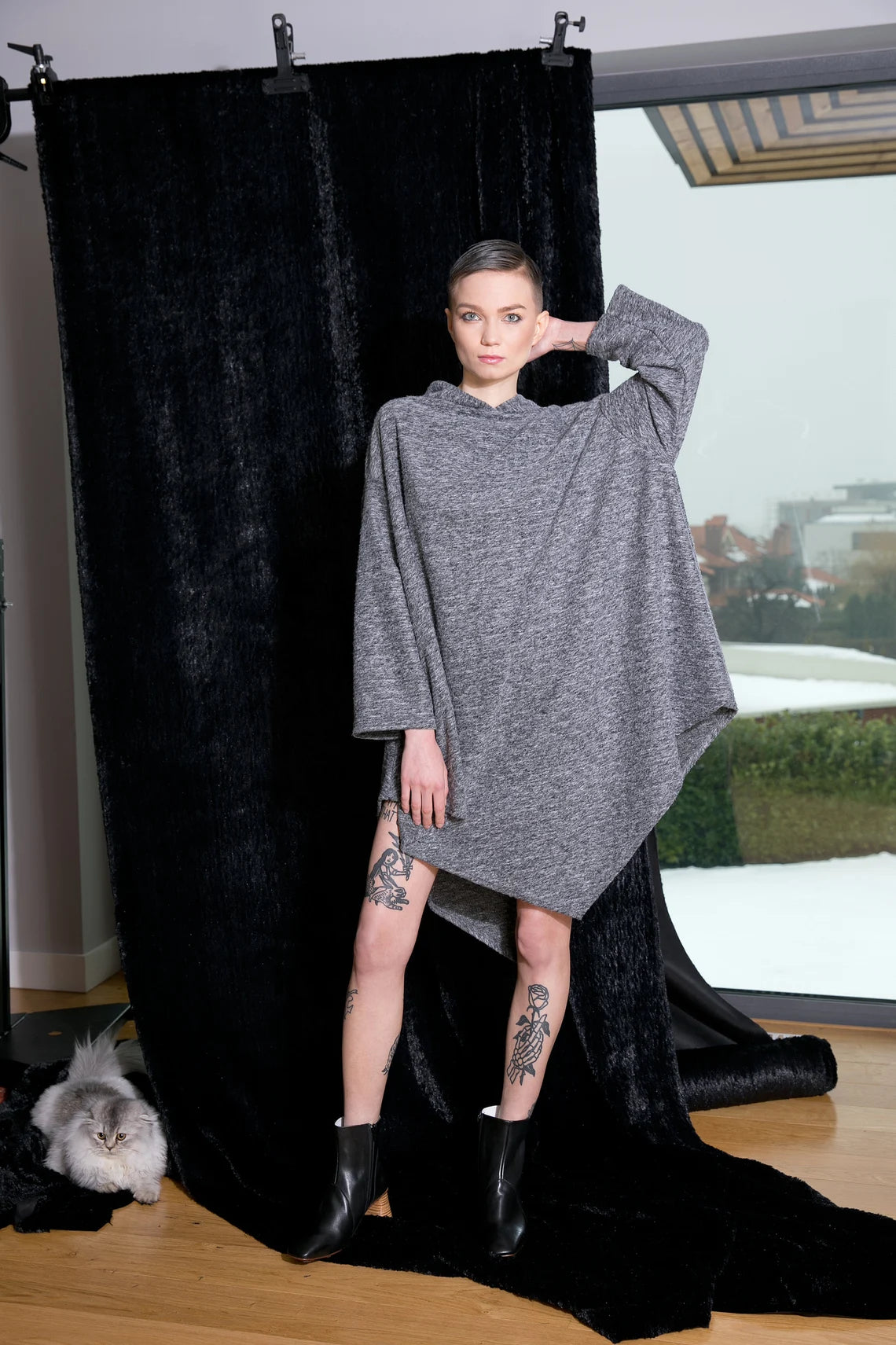 Grey Fluffy Hooded Poncho