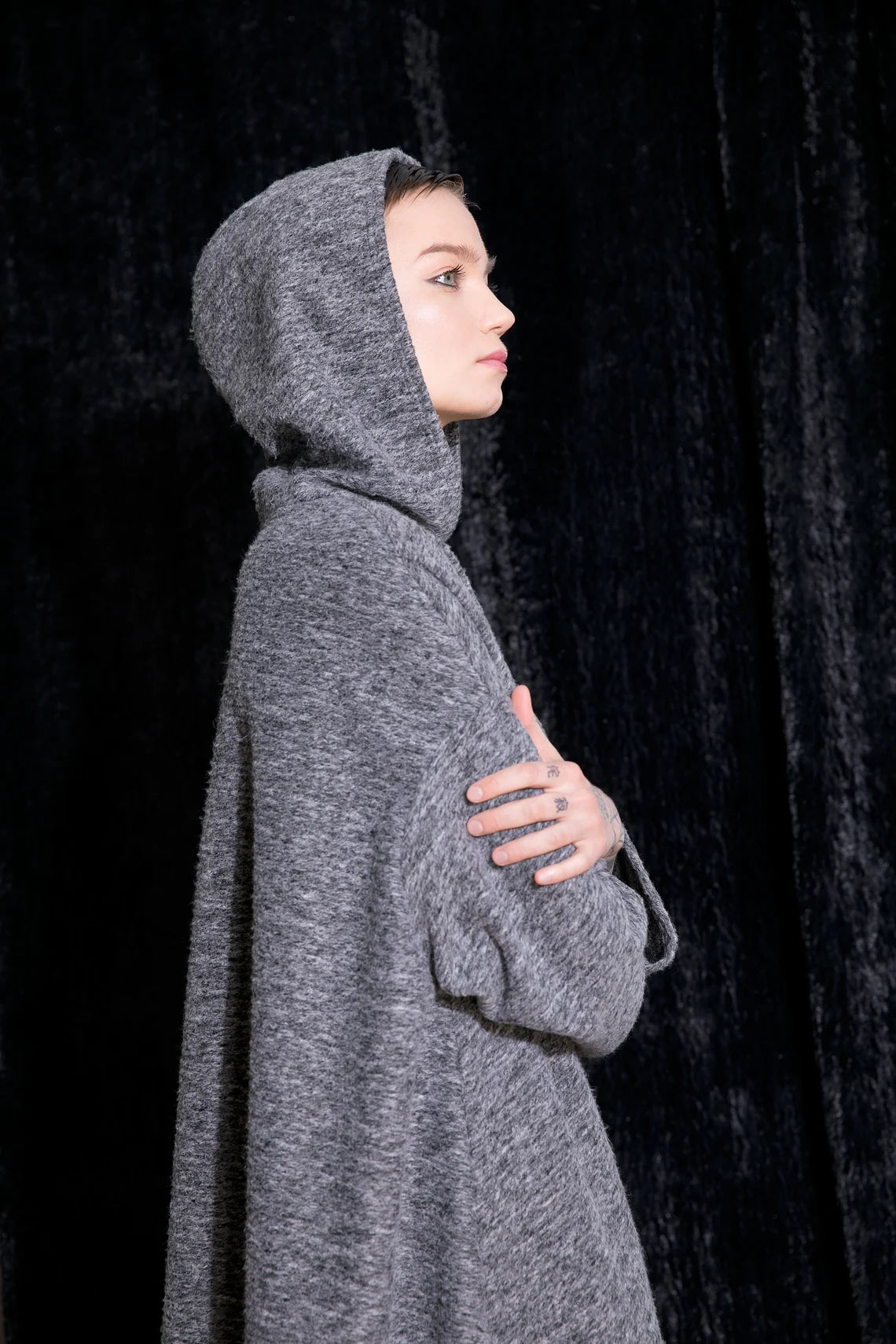 Grey Fluffy Hooded Poncho