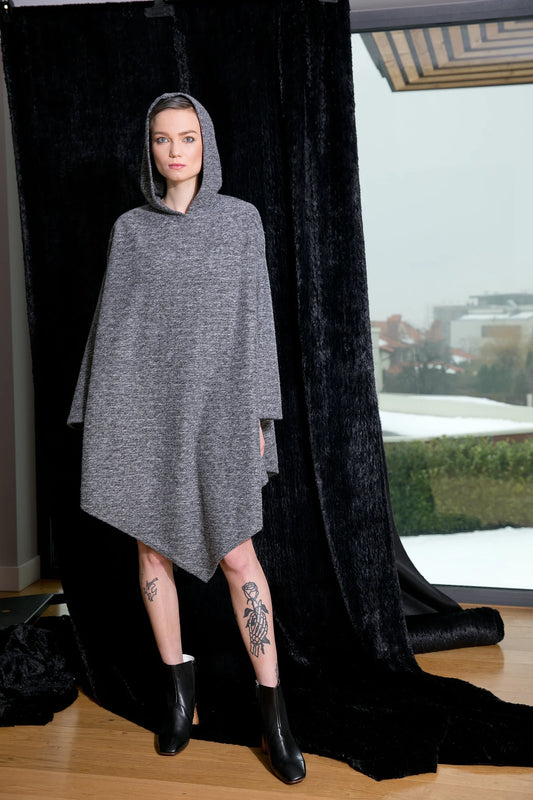 Grey Fluffy Hooded Poncho