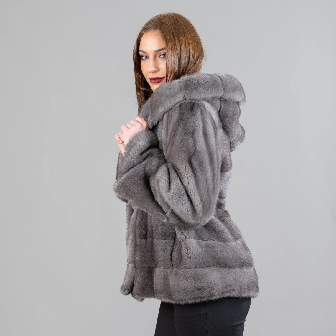 Women’s Dark Gray Mink Fur Jacket with Hood
