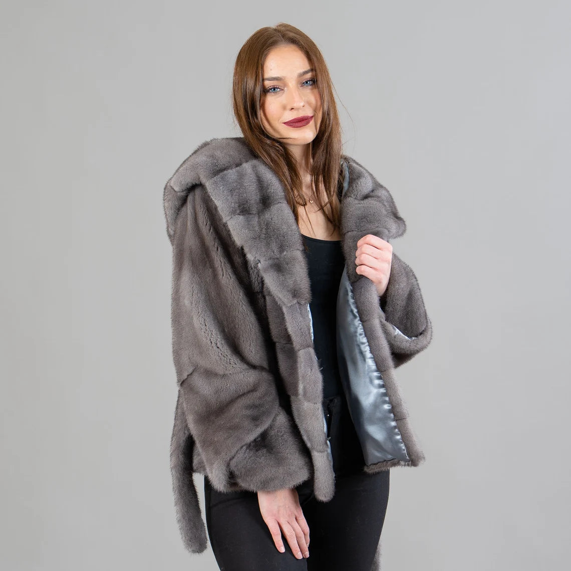 Women’s Dark Gray Mink Fur Jacket with Hood