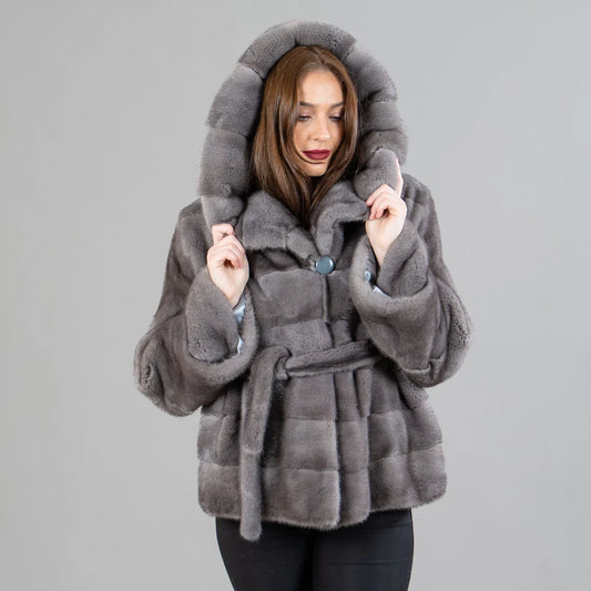 Women’s Dark Gray Mink Fur Jacket with Hood