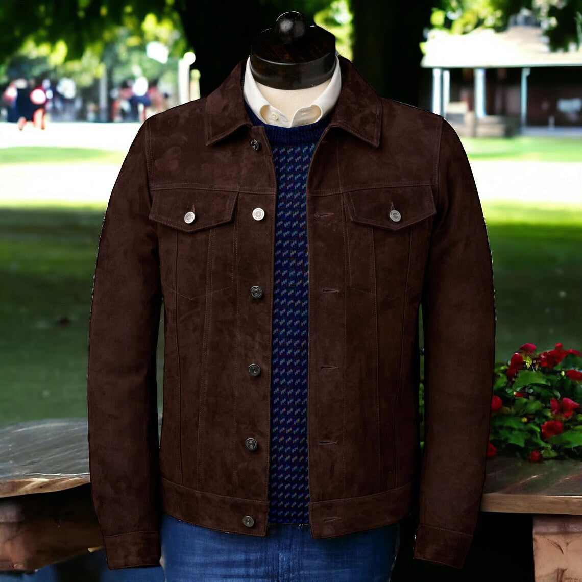 Men’s Brown Suede Leather Trucker Jacket