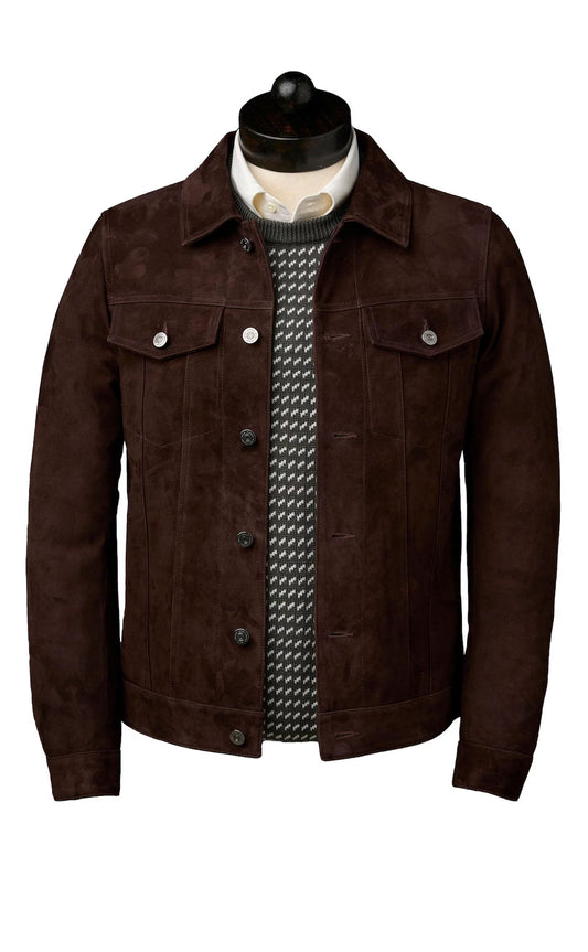 Men’s Brown Suede Leather Trucker Jacket