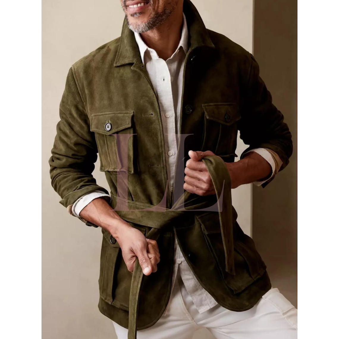 Men’s Olive Green Suede Trucker Jacket