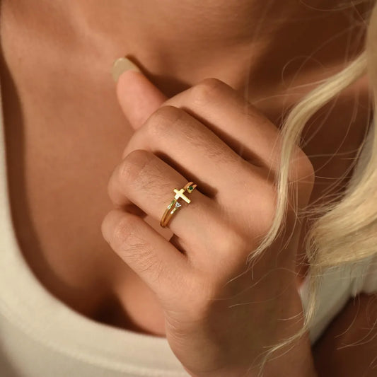 Personalized Cross Birthstone Ring