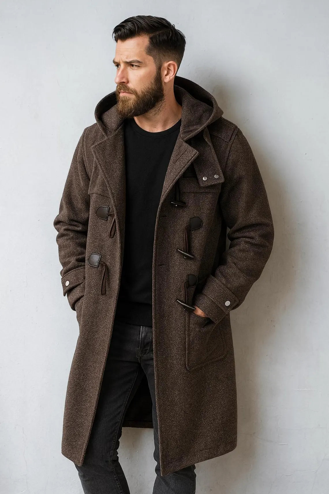 Autumn Winter Men’s Woolen Hooded Trench Coat