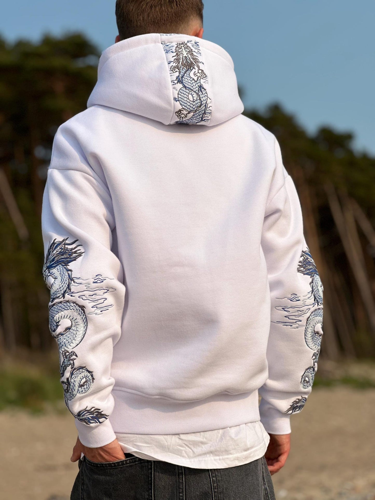Embroidered Dragon Cotton Fleece Hoodie