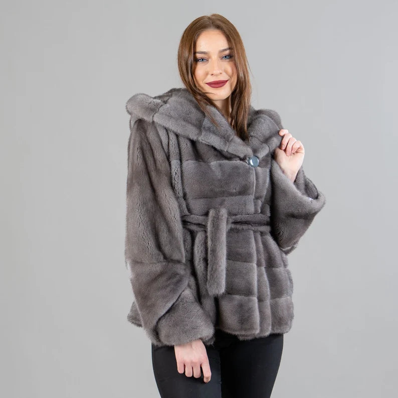 Women’s Dark Gray Mink Fur Jacket with Hood
