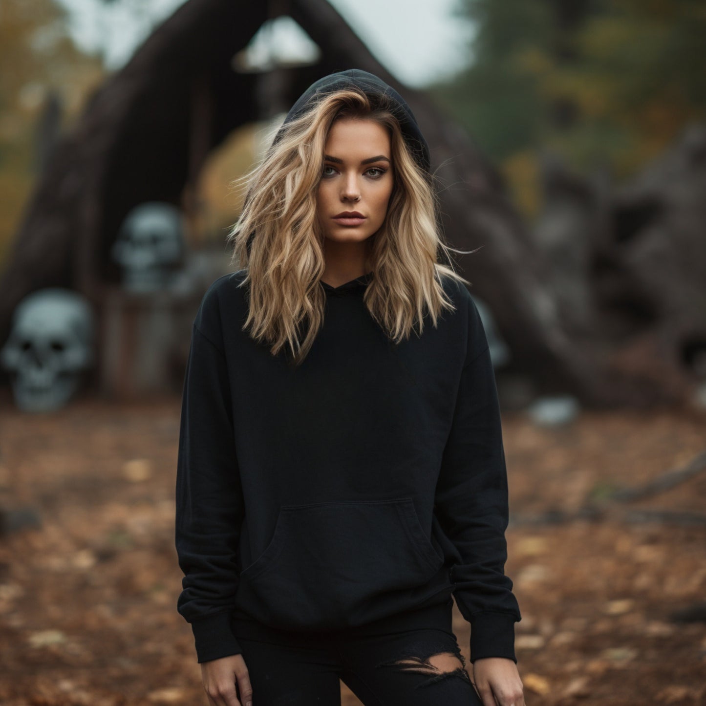 Black Distressed Skull Hoodie Sweatshirt