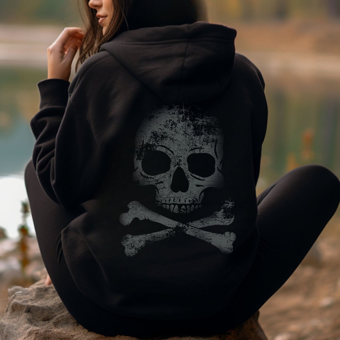 Black Distressed Skull Hoodie Sweatshirt