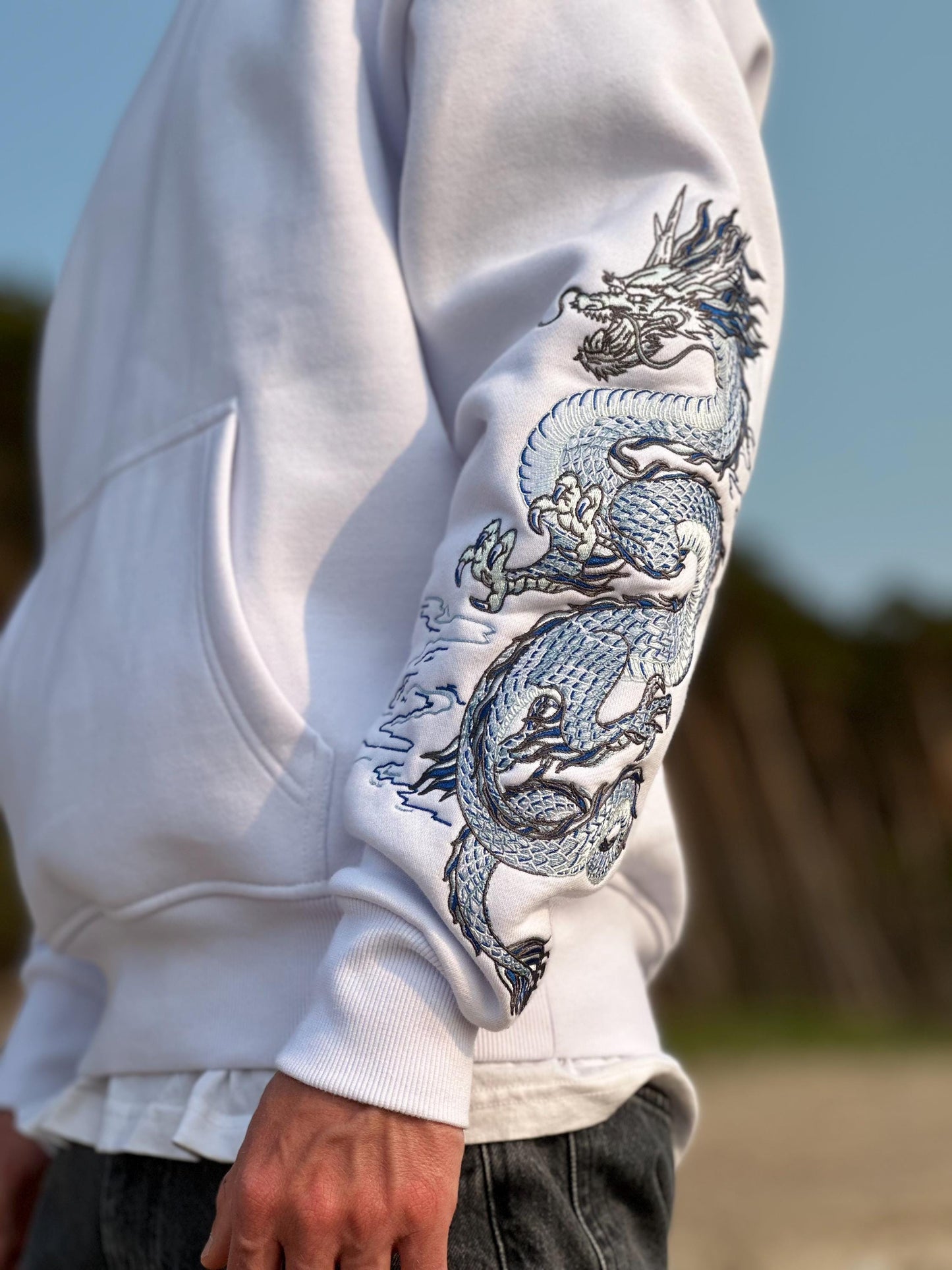 Embroidered Dragon Cotton Fleece Hoodie