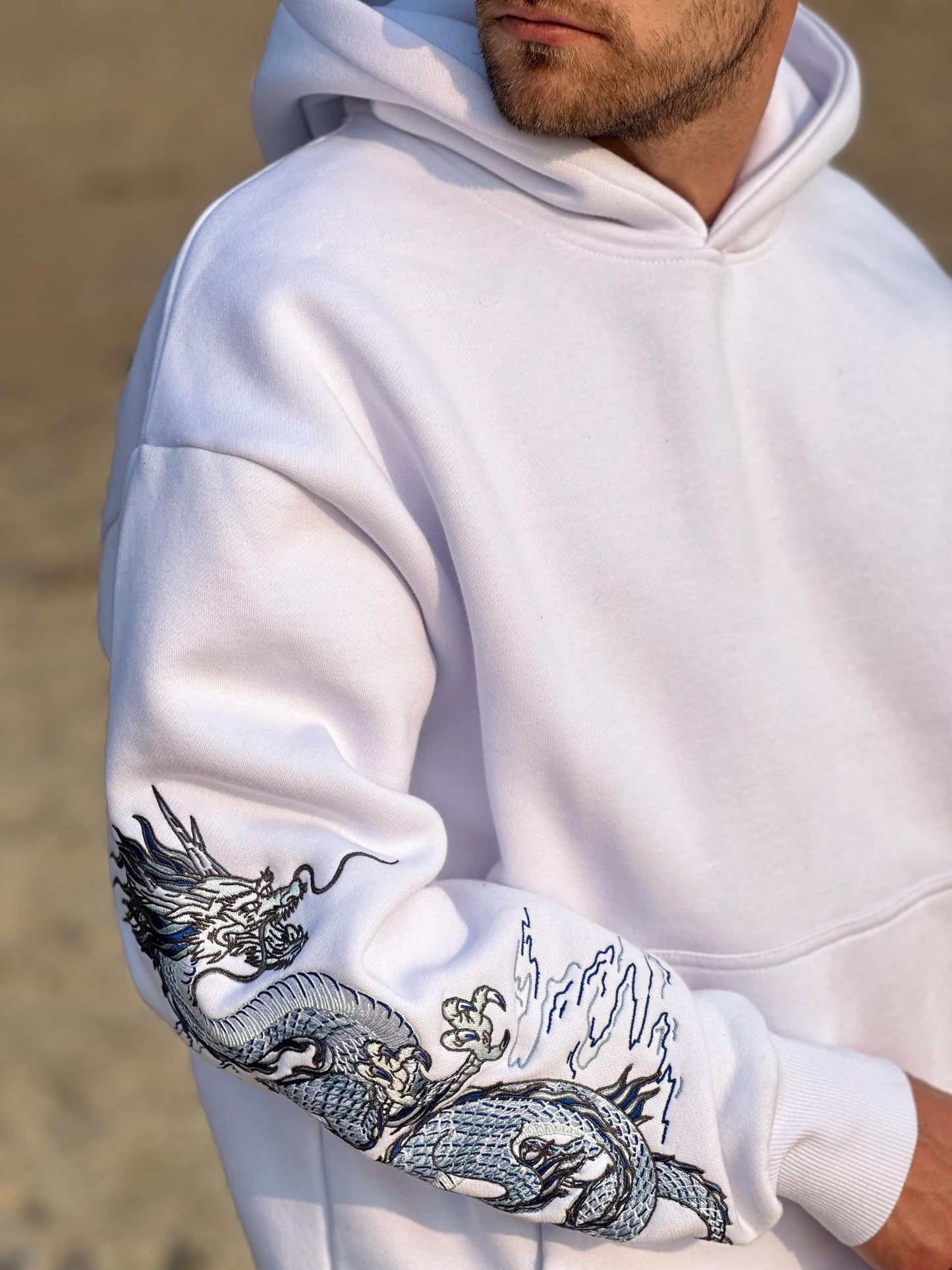 Embroidered Dragon Cotton Fleece Hoodie
